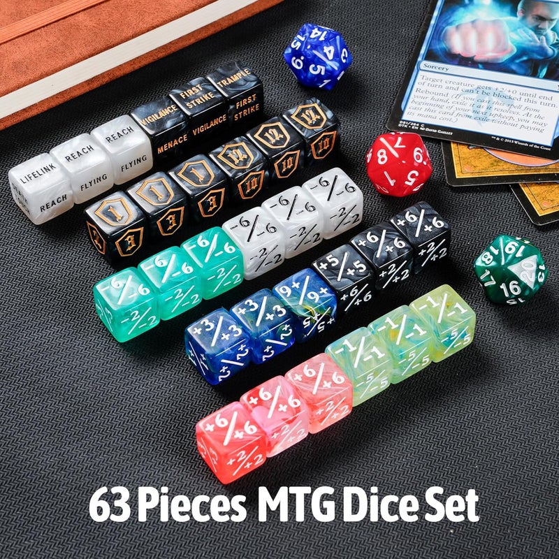 Ravonixis 63 PCS MTG Dice Set with Shield Life Counter (1–12), Keyword Ability Counters, +1/-1 Stat Modifier Dice in 6 Colors, D20 & Storage Bag - Image 3
